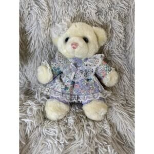 VTG RARE-9” MTY White Teddy Bear‎ Lovey Baby Girl Floral Gift Bearly Wait Shower